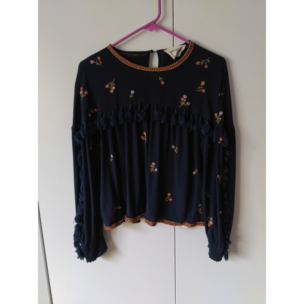 Antropologie Savanna Jane Fringed Embroidered Top M Navy Cottage Boho Peasant